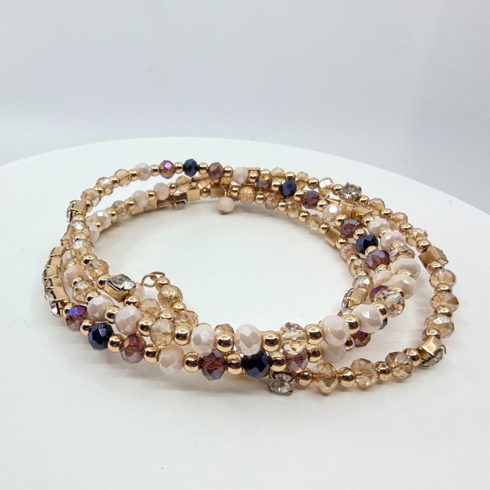 Vintage Y2K Gold Tone Rhinestone Beaded Wrap Bracelet - Retro Charm